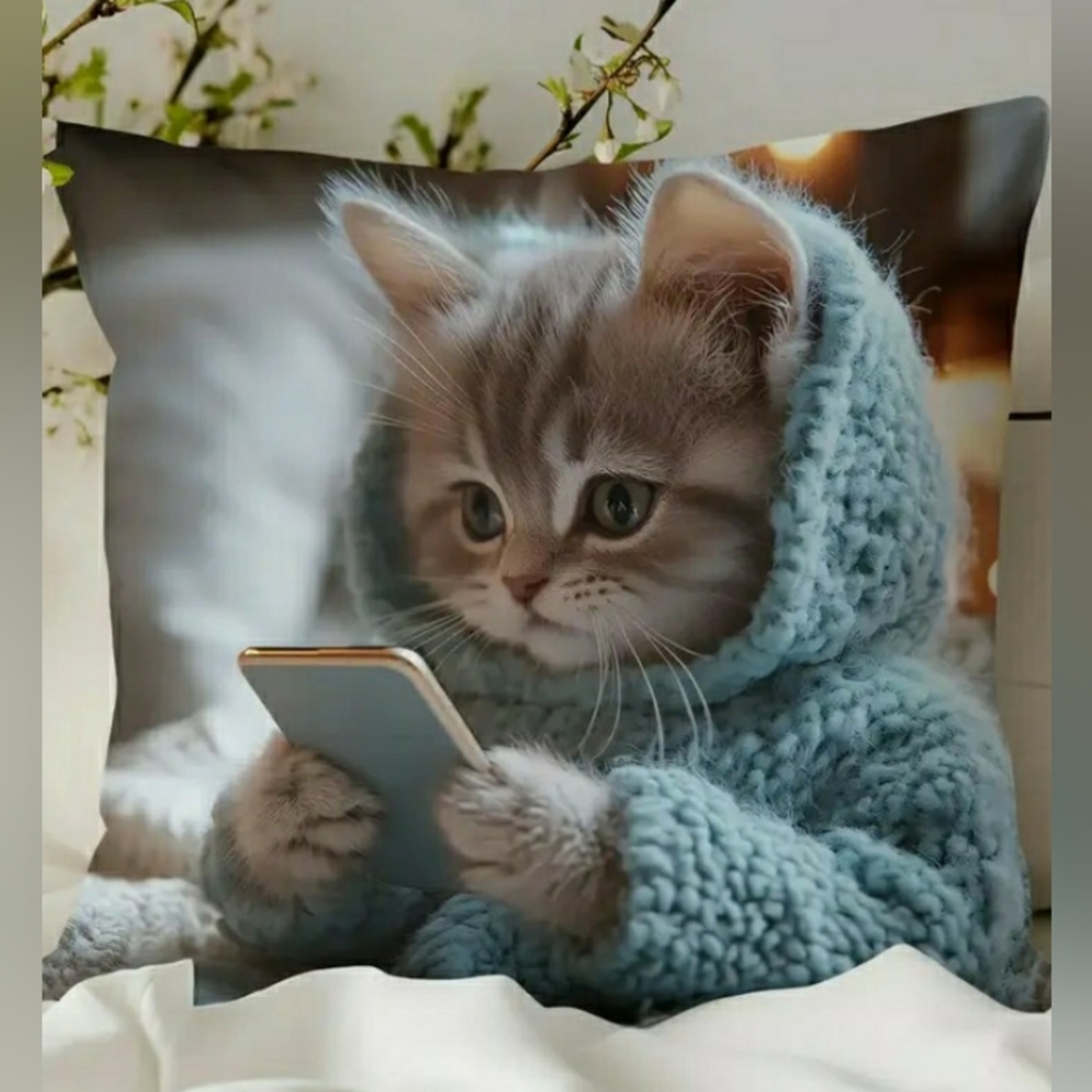 Super Cute "Kitten With Cell Phone" Pillow Cover, 18" X 18" NWT